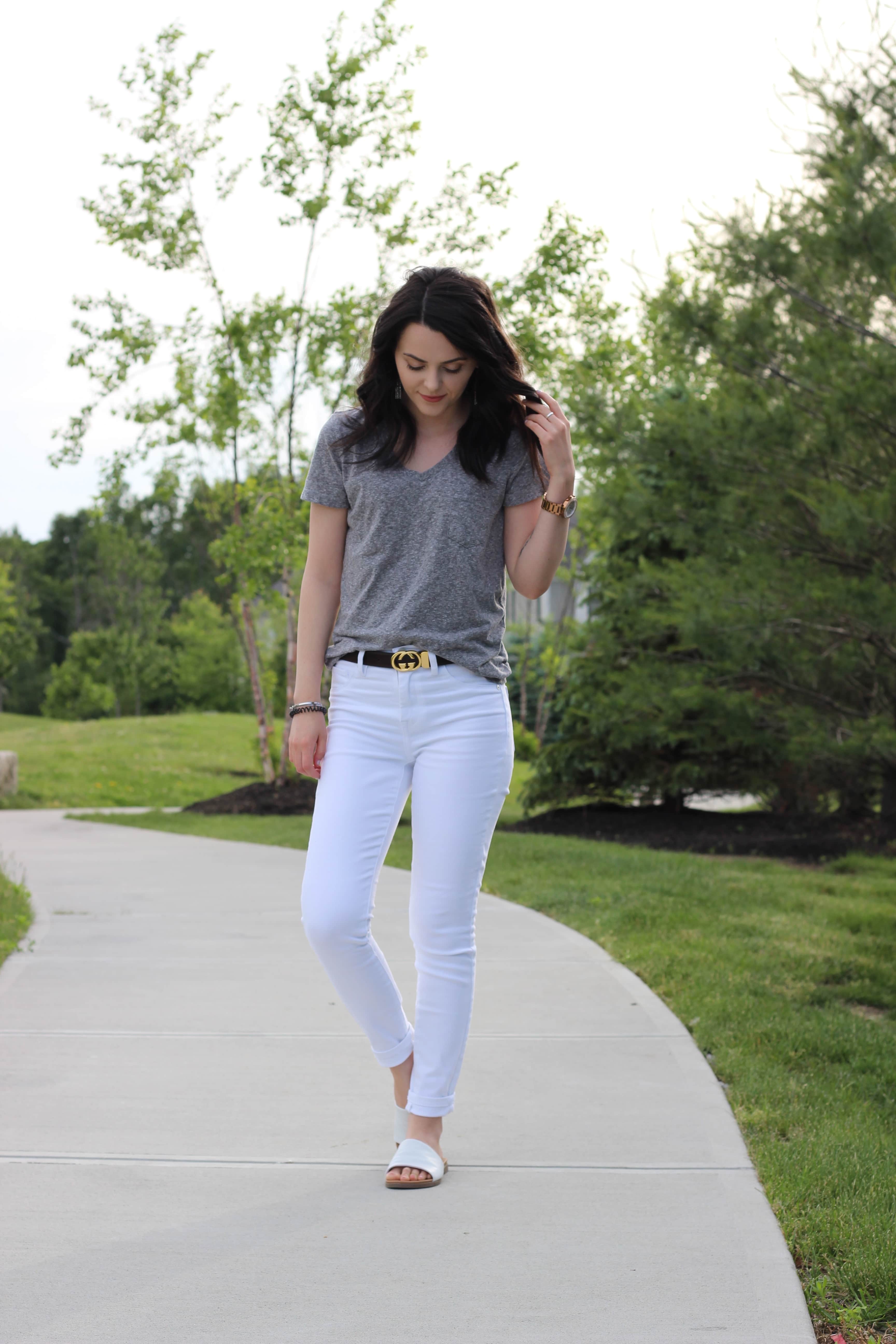 grey shirt and jeans outfit