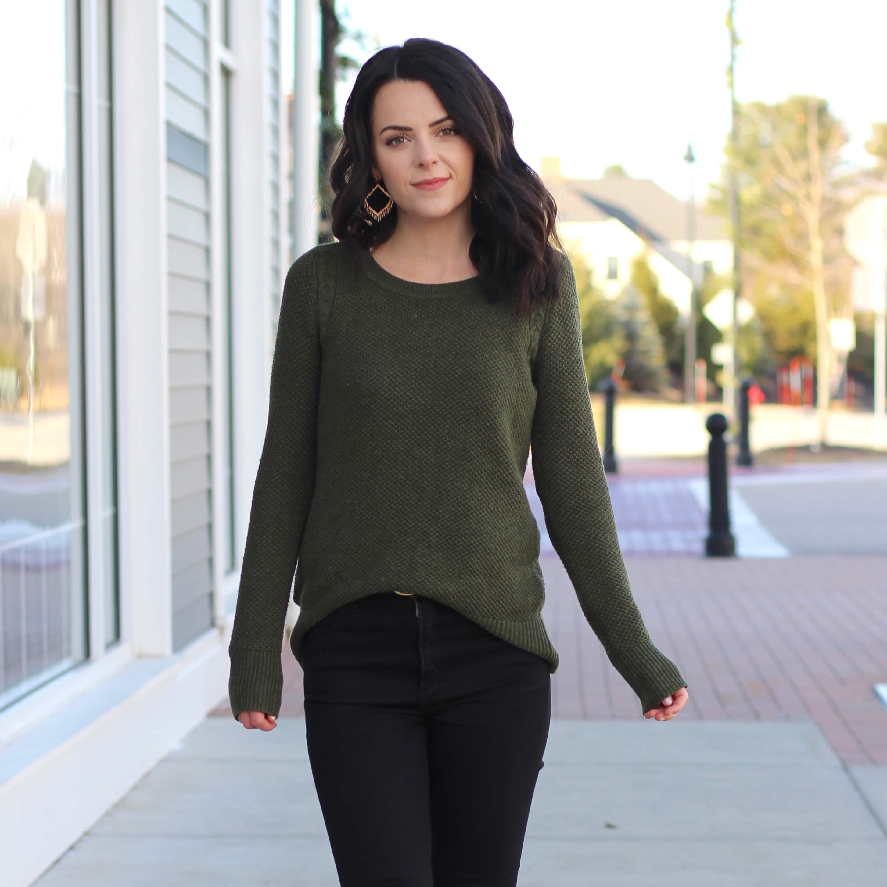 black jeans olive shirt