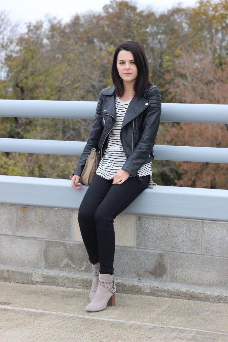 Striped Shirt + Leather Jacket OOTD